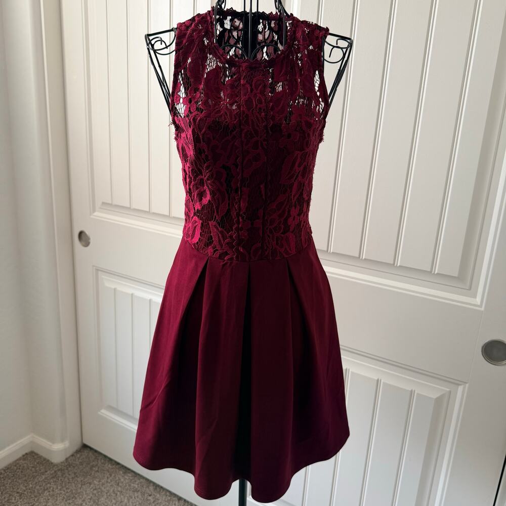 S - Burgundy Lace Fit and Flare - Sleeveless High Neck Dress